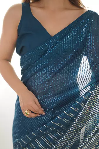 Petrol georgette Sequin embroidery work style partywear saree