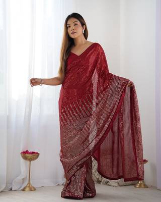 Red georgette Sequin embroidery work style partywear saree 1