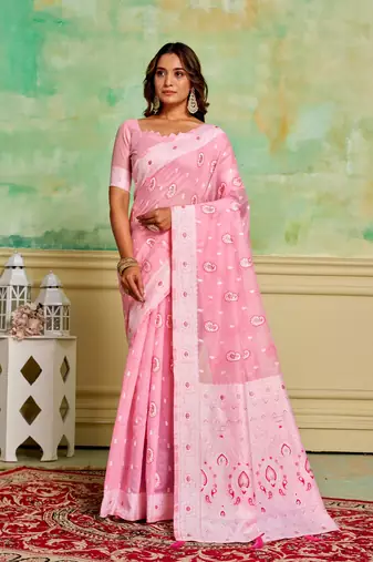 Pink cotton c woven designer ethnic festive wear saree