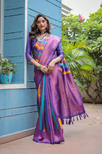 Women's Purple Semi Kanjivaram Pattu Silk Zari Woven Traditional Saree with Blouse