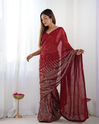 Red georgette Sequin embroidery work style partywear saree 2