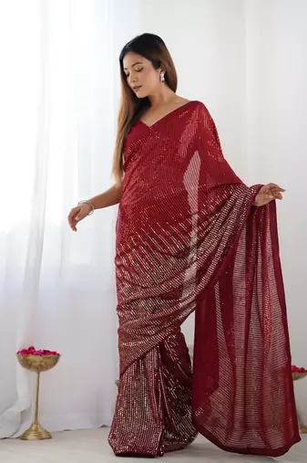 Red georgette Sequin embroidery work style partywear saree