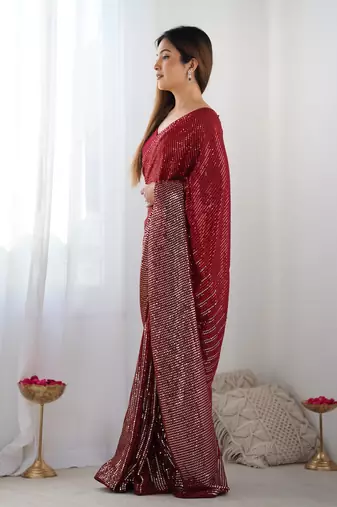Red georgette Sequin embroidery work style partywear saree