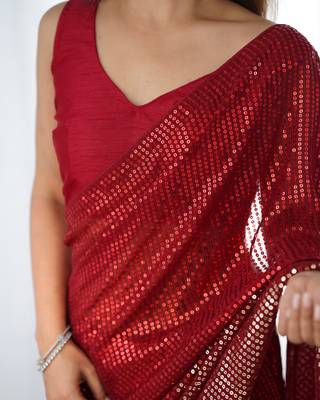 Red georgette Sequin embroidery work style partywear saree 5