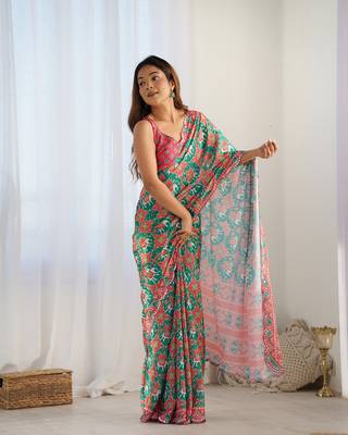 Green chinon c digital printed saree with mirror cut work 1