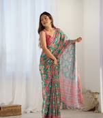 Green chinon c digital printed saree with mirror cut work