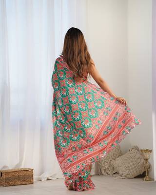 Green chinon c digital printed saree with mirror cut work 2