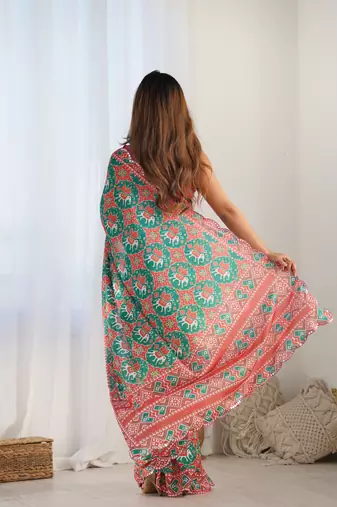 Green chinon c digital printed saree with mirror cut work