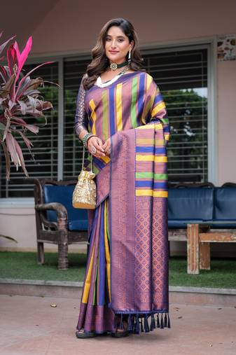 Women's Beige Semi Kanjivaram Pattu Silk Zari Woven Traditional Saree with Blouse