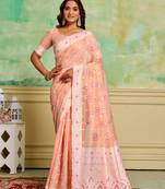 Peach cotton c wevon designer ethnic festive wear saree