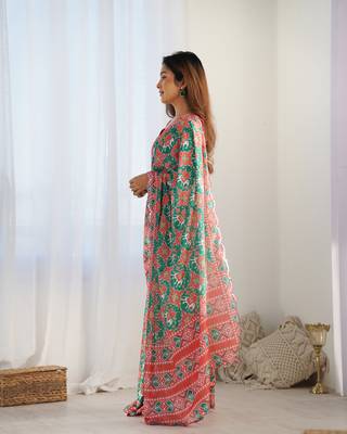 Green chinon c digital printed saree with mirror cut work 4