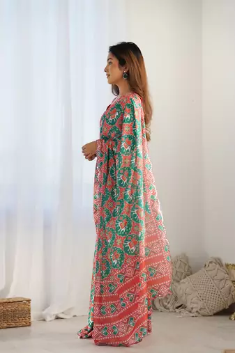 Green chinon c digital printed saree with mirror cut work