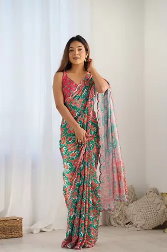 Green chinon c digital printed saree with mirror cut work