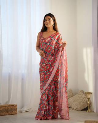 Red chinon c digital printed saree with mirror cut work 1
