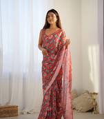 Red chinon c digital printed saree with mirror cut work