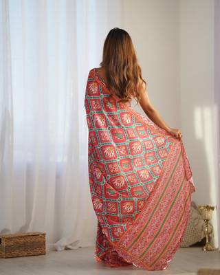 Red chinon c digital printed saree with mirror cut work 2