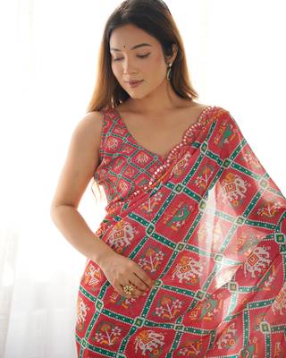 Red chinon c digital printed saree with mirror cut work 3