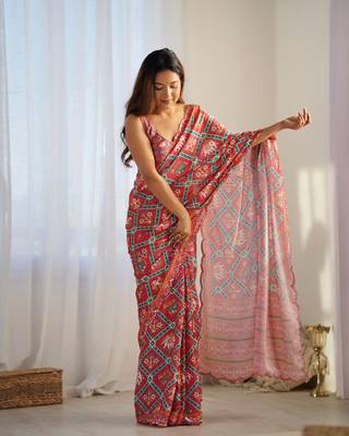 Red chinon c digital printed saree with mirror cut work 4