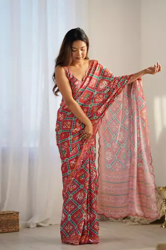Red chinon c digital printed saree with mirror cut work