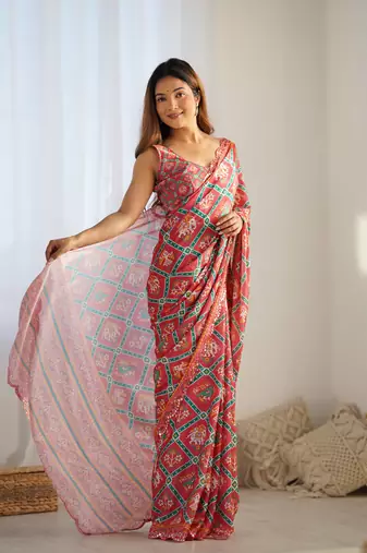 Red chinon c digital printed saree with mirror cut work