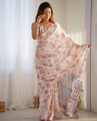 Cream chinon c digital printed saree with mirror cut work 1