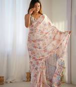 Cream chinon c digital printed saree with mirror cut work