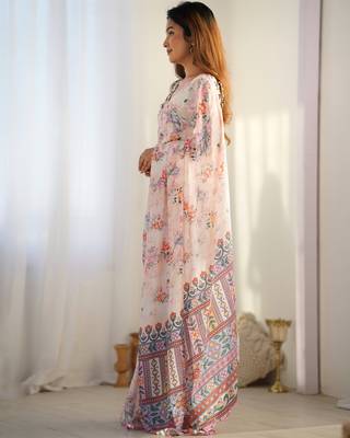 Cream chinon c digital printed saree with mirror cut work 4
