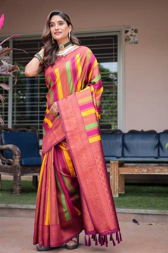 Women's Maroon Semi Kanjivaram Pattu Silk Zari Woven Traditional Saree with Blouse