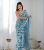Blue chinon c digital printed saree with mirror cut work