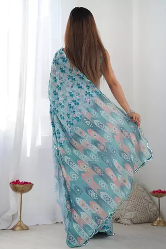 Blue chinon c digital printed saree with mirror cut work