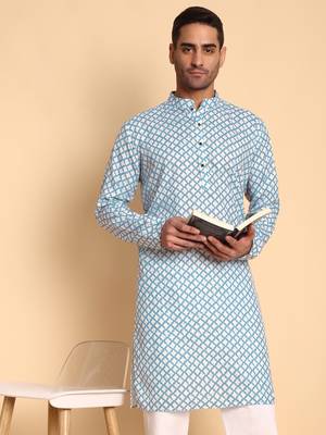 Digital print knee length kurta mandarin collar blue small 1