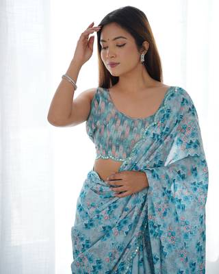 Blue chinon c digital printed saree with mirror cut work 3