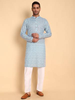 Digital print knee length kurta mandarin collar blue small 2