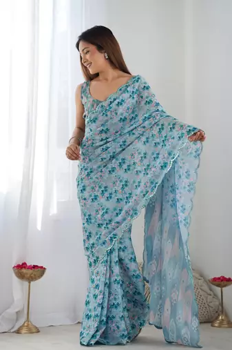 Blue chinon c digital printed saree with mirror cut work