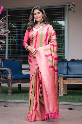 Women's Peach Semi Kanjivaram Pattu Silk Zari Woven Traditional Saree with Blouse