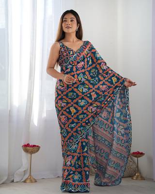 Navy blue chinon c digital printed saree with mirror cut work 1