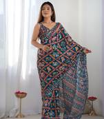 Navy blue chinon c digital printed saree with mirror cut work