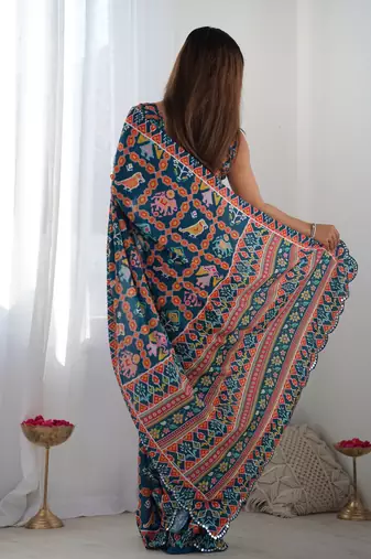 Navy blue chinon c digital printed saree with mirror cut work