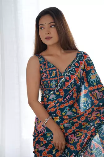 Navy blue chinon c digital printed saree with mirror cut work