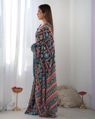 Navy blue chinon c digital printed saree with mirror cut work 4