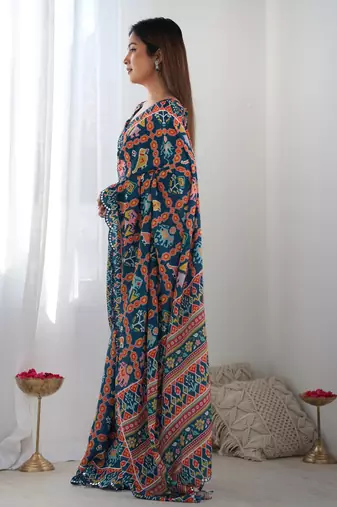 Navy blue chinon c digital printed saree with mirror cut work