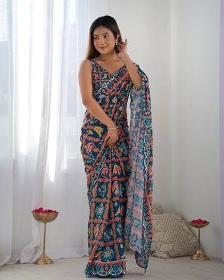 Navy blue chinon c digital printed saree with mirror cut work 5