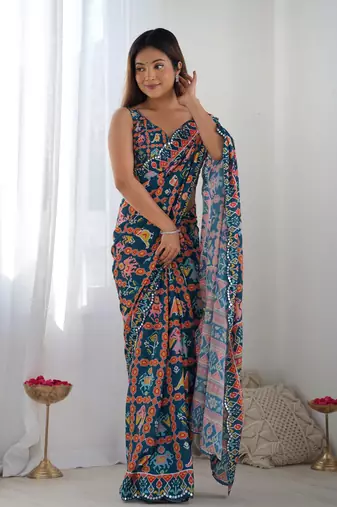 Navy blue chinon c digital printed saree with mirror cut work