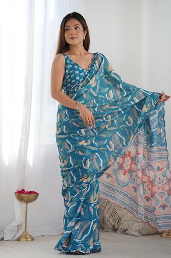Teal chinon c digital printed saree with mirror cut work
