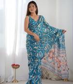 Teal chinon c digital printed saree with mirror cut work
