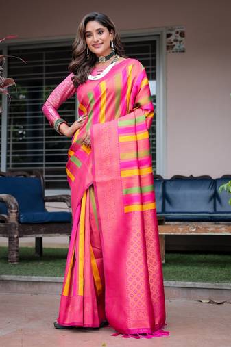 Women's Pink Semi Kanjivaram Pattu Silk Zari Woven Traditional Saree with Blouse