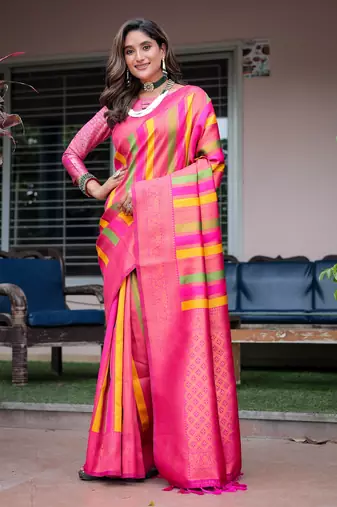Women's Pink Semi Kanjivaram Pattu Silk Zari Woven Traditional Saree with Blouse