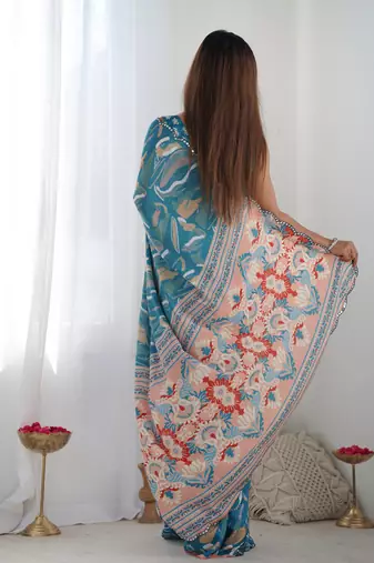 Teal chinon c digital printed saree with mirror cut work