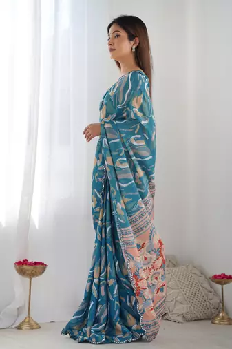 Teal chinon c digital printed saree with mirror cut work