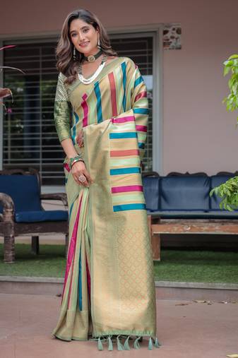 Women's Sea Green Semi Kanjivaram Pattu Silk Zari Woven Traditional Saree with Blouse